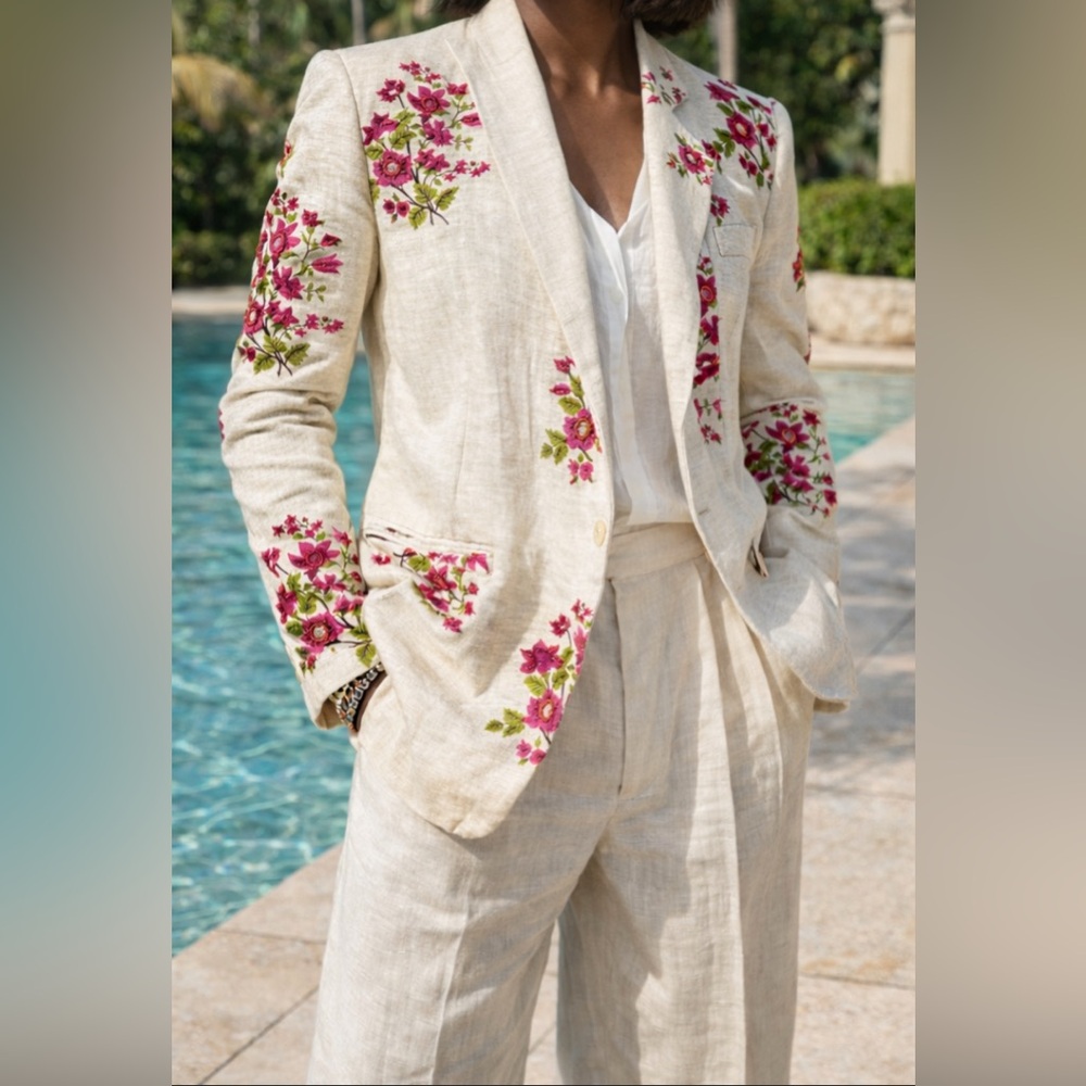 Vintage Women's Floral Old Money Linen Blazer - Cream with Pink and Hand Beaded
